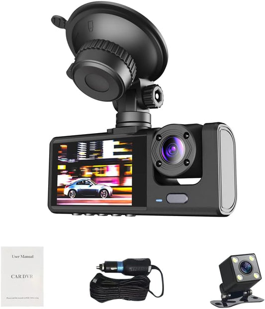 Dash Cam c/ Visão Noturna e 3 câmeras (Frontal, Interior e Traseira)