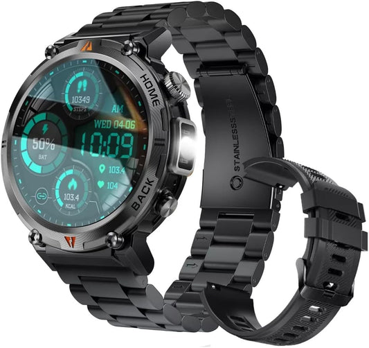 Eigiis KE3-  Relógio Militar inteligente c/ chamadas, Military Smartwatch Men à prova d'água 3ATM de 1,45'' c/ lanterna LED, alertas Whatsapp, monitor de frequência cardíaca e sono, pulseira de atividades para iOS e Android - Metal (Preto)