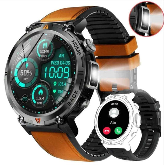 Eigiis KE3-  Relógio Militar inteligente c/ chamadas, Military Smartwatch Men à prova d'água 3ATM de 1,45'' c/ lanterna LED, alertas Whatsapp, monitor de frequência cardíaca e sono, pulseira de atividades para iOS e Android - Couro Castanho (Preto)