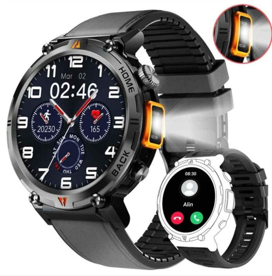 Eigiis KE3-  Relógio Militar inteligente c/ chamadas, Military Smartwatch Men à prova d'água 3ATM de 1,45'' c/ lanterna LED, alertas Whatsapp, monitor de frequência cardíaca e sono, pulseira de atividades para iOS e Android - Couro (Laranja)